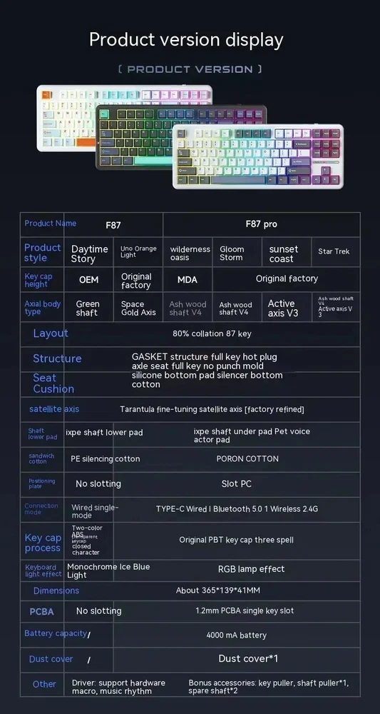 87-Key Tri-Mode Mechanical Keyboard with Hotswap for PC via 2.4G/USB/Bluetooth