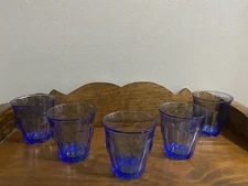 5 Duralex France, Blue Paneled 6 oz Tumbler Glasses 3 1/4"