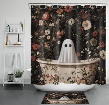 Funny Ghost in Bathtub Black Halloween Shower Curtain Set for Bathroom Decor