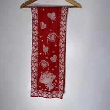 Vena Rectangle Silk Scarf Heart And Roses Red And White Rolled Edges