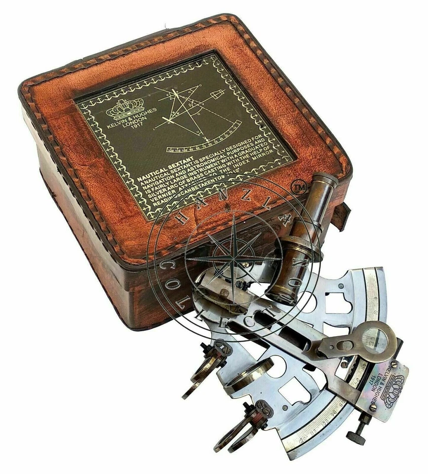 Sextante de Latón Náutico Trabajo Marino Vintage Caja de Cuero Raro Nuevo Artículo Grabado Foto 2 de 4