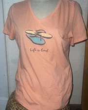 Life Is Good T Shirt Womens Crusher Tee V Neck  Medium Sandals Beach Peach