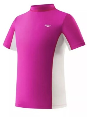 Speedo Big Girls Youth Colorblock Rashguard Swim Shirt Pink Sz S Upf UV Protect