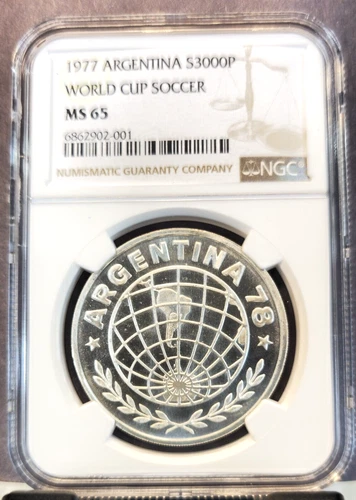 1977 ARGENTINA SILVER 3000 PESOS S3000P WORLD CUP SOCCER NGC MS 65 GEM BU
