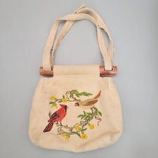 Vtg Handmade Canvas Wood Handbag Embroidered Robin Birds Flowers Cottagecore