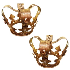 Clover Antiqued Gold Crown Table Top Decor Pair Set 2 Ornate Jeweled Queen Metal