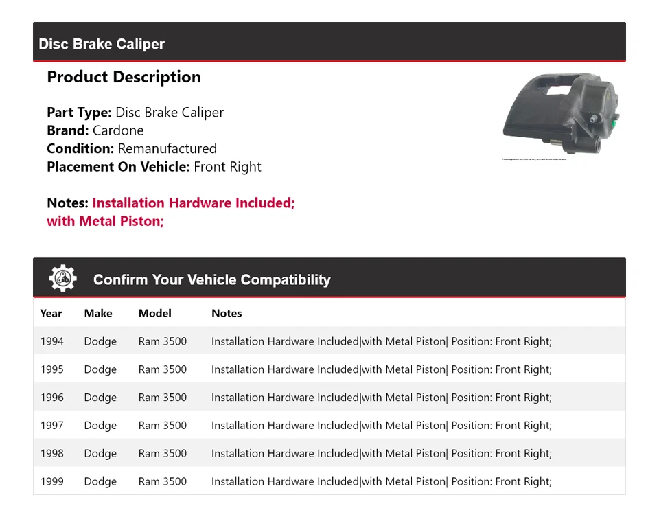 Pinza de freno de disco delantera derecha Cardone 1995 1996 para Dodge Ram 3500 1994-1999 Foto 2 de 4