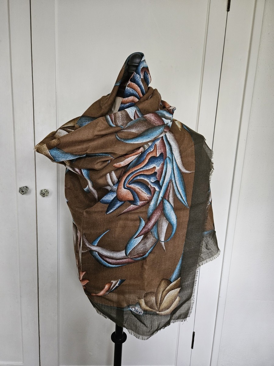 Chloé Floral Scarf Oversized 53" X 53" Brown, Blue, Olive Cotton Blend View 3