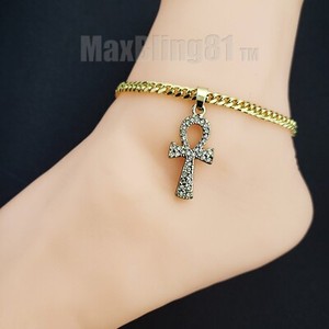 Authentic 14K GOLD PLATED BRASS 4mm 10" CUBAN CHAIN ICED ANKH CROSS BLING ANKLET BRACELET