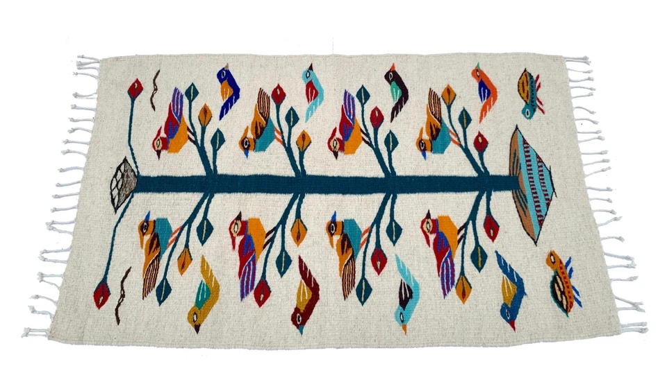 Alfombra de lana zapoteca tejida a mano Tree of Life, tapiz de acento con motivo de pájaro 23x39 Foto 4 de 4