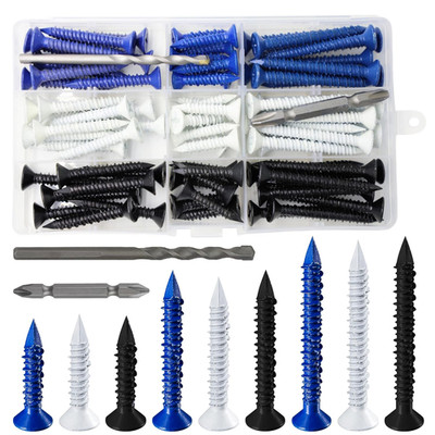 (105 PCS) 3/16'' Concrete Screw Anchor Kit Blue/Black/White Flat Head for Anchori