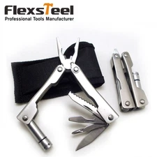 Multitool Pliers Pocket Knife Camping Fishing w/ Flashlight & Pouch