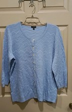 Talbots Woman Blue Chevron Pattern Cotton Blend 3/4 Sleeve Cardigan Size 2X