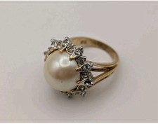 Vintage Premier Designs Faux Pearl Gold Tone Ring With Clear Stones