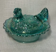 Mini Mosser Glass Teal Green carnival Hen On Nest #2
