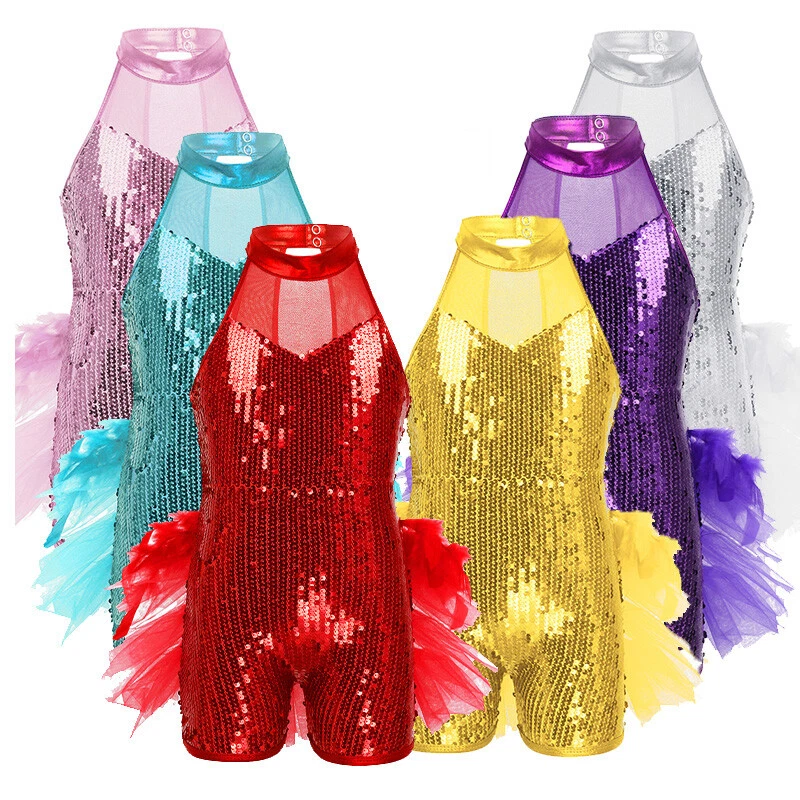 UK Girls Sequins Ballet Dance Leotard Dress Shiny Jazz Latin Stage Dancewear - Image 3 of 4