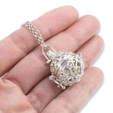 Silver Cage Pendant - Swirl Design + Chain - Hollow Locket for Personalization