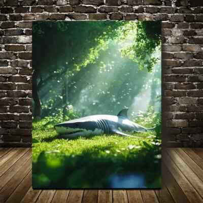 Cyberpunk Shark on Grass in Lush Green Meadow Painting Metal Print Ready to Hang