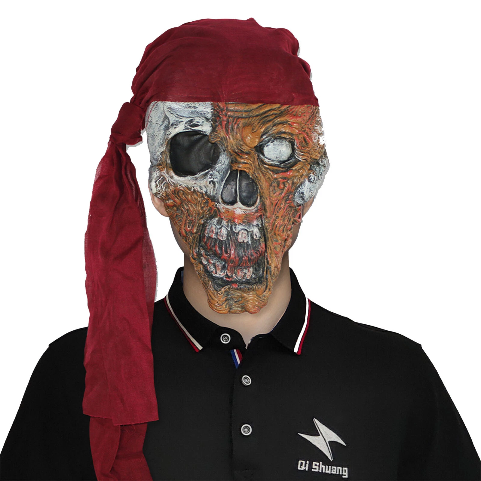 Skull Face Mask/Red Headscarf,Full Face Ghost Pirate Mask,Horror Zombie Mask