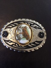 Oval Silver Plated Black InlayWester Indian Style Belt Buckle Horse Gold Roped