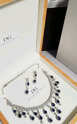 Weißgold-Finish Perlschliff Saphir und kreierter Diamant Collier Valentinstag Set