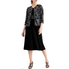 Jessica Howard Womens Petite 12P Black Silver Jacket Knee Length Dress NWT AF38