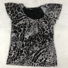 AB Studio Blouse Women Small Black White Animal Tier Ruffles Flutter Sleeve