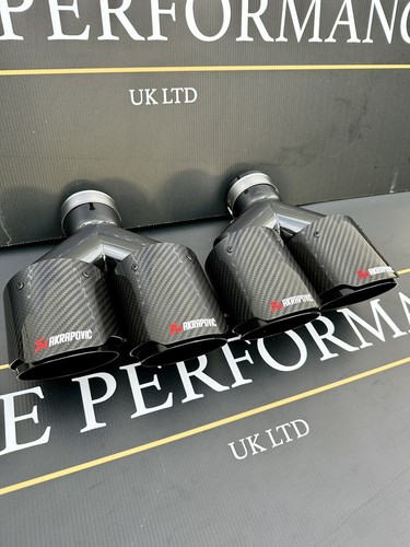 GLOSS BLACK CARBON FIBRE AKRAPOVIC EXHAUST TIPS 4” STEEL TWIN Y PIECE STAGGERED - Picture 2 of 12