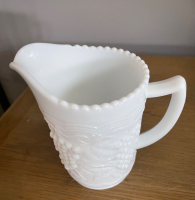 Vintage Imperial Glass 6'' White Milk Glass Pitcher   Grape Pattern 1950s