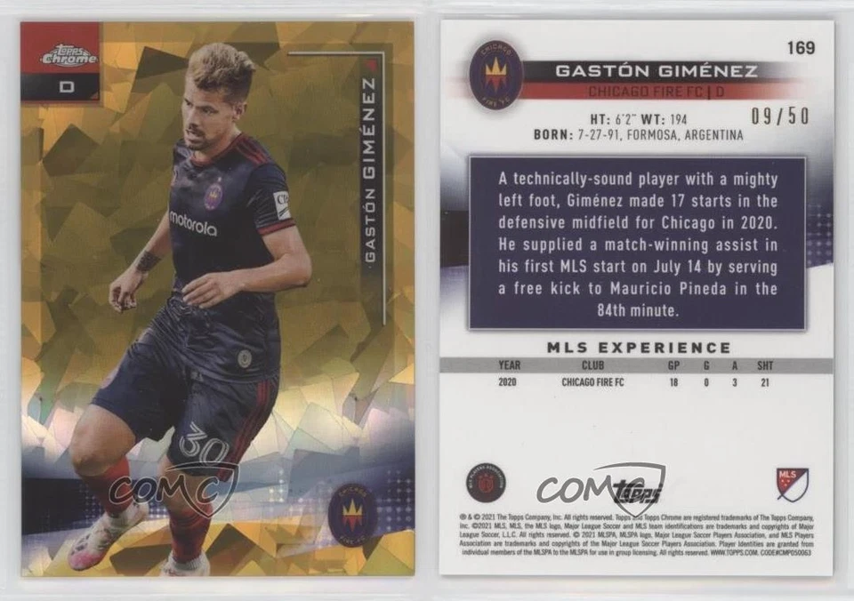 2021 Topps Chrome MLS Sapphire Edition Gold 9/50 Gaston Gimenez #169 Rookie RC - Image 3 of 3