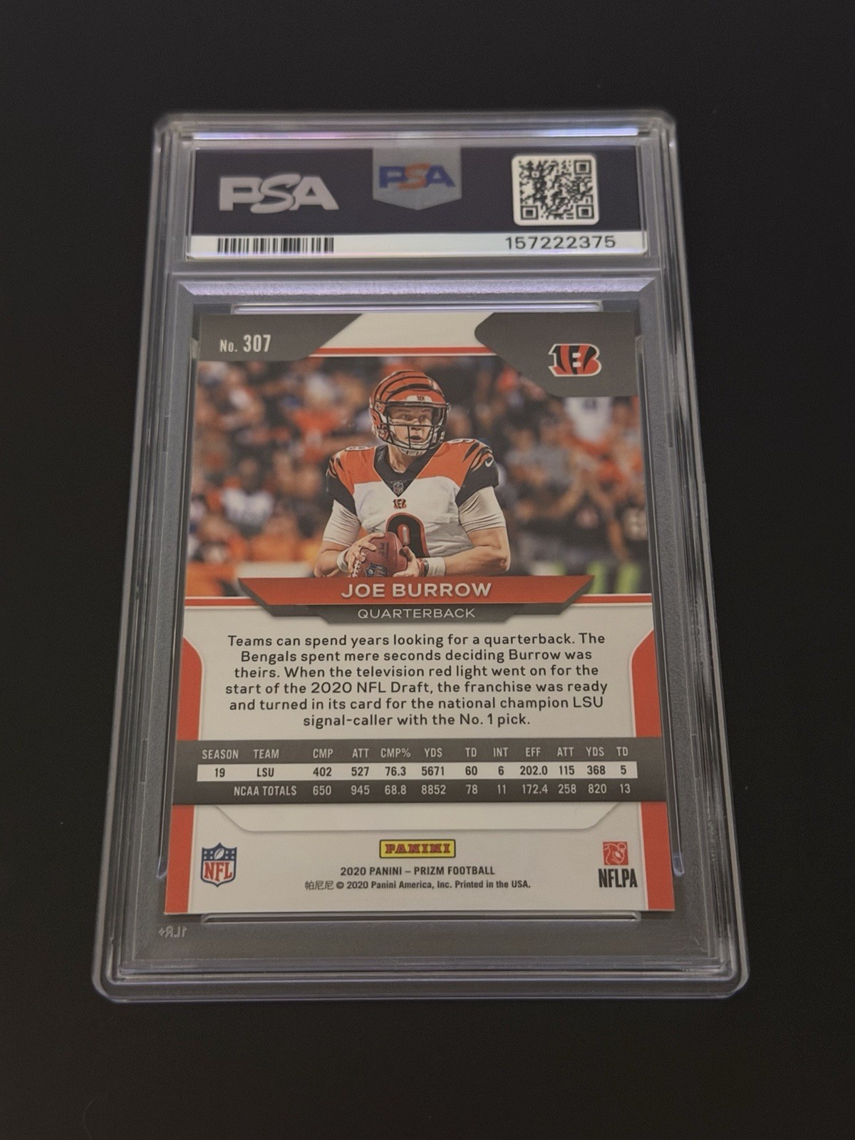 2020 Panini Prizm - Joe Burrow #307 (RC) PSA Gem Mint 10 view 2