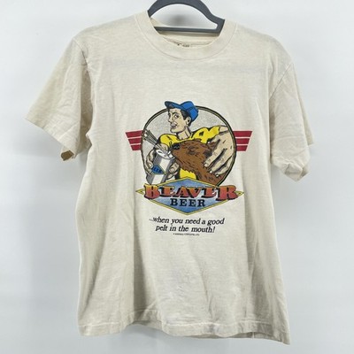 Vintage Fruit Of The Loom Beaver Beer Shirt Mens Medium Beige Graphic USA 90s