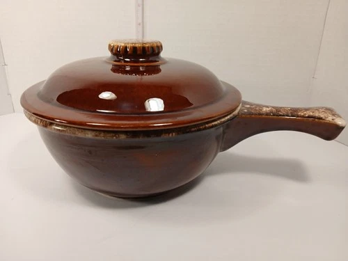 Vintage HULL Handled Casserole with Lid Brown Drip Glaze Oven Proof