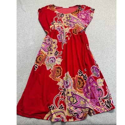 Red Paisley Floral Dress Boho Retro Short Sleeve Womens Medium Flowy Casual