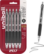 Uniball 207 Gel Pens, Black Ink, 0.7mm Medium Point, Retractable, 5 Count,