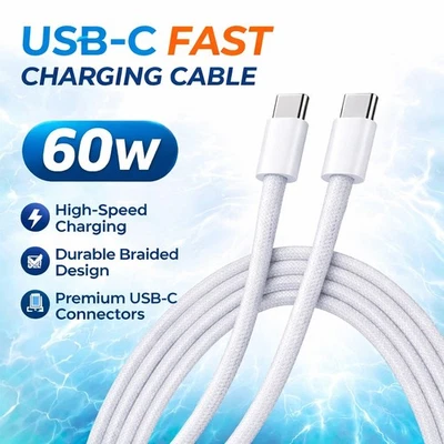USB-C to USB-C Cable 60W PD Fast Charging Braided 1m 2m for iPhone Samsung