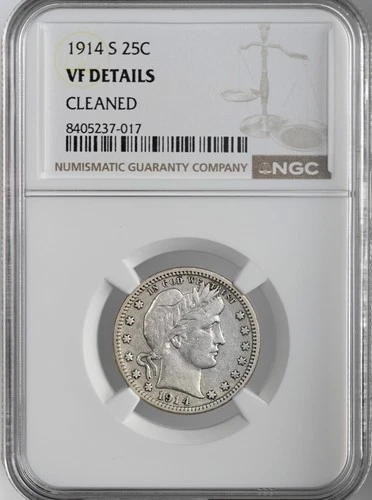 1914-S  25C BARBER SILVER QUARTER  NGC VF DETAILS "CLEANED"  #8405237-017