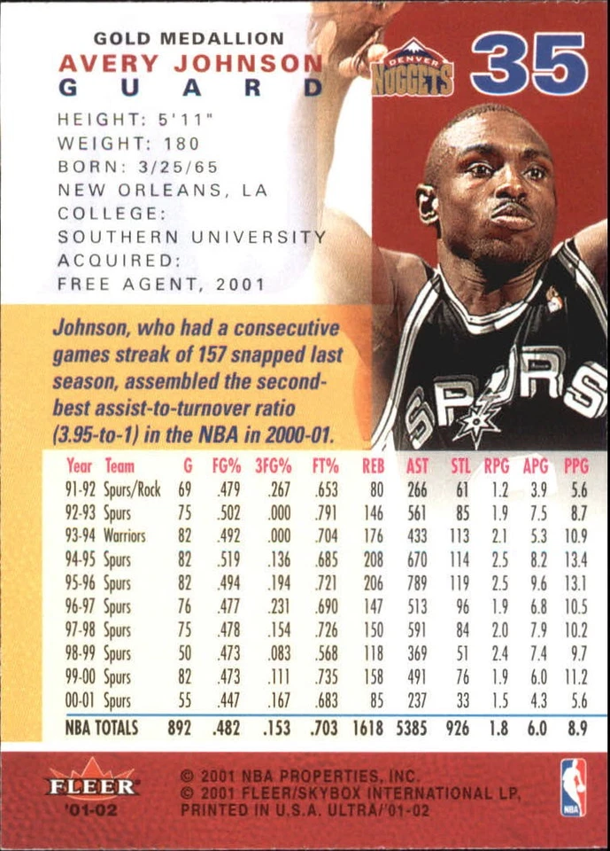 2001-02 Ultra Gold Medallion #35 Avery Johnson - BSK - Image 2 of 2