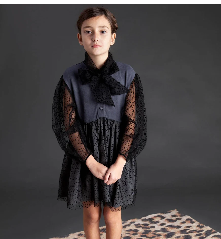 TOCOTO VINTAGE GREY BLACK STARS TULLE VELVET PARTY DRESS LONG SLEEVES BOW 12 - Image 4 of 4