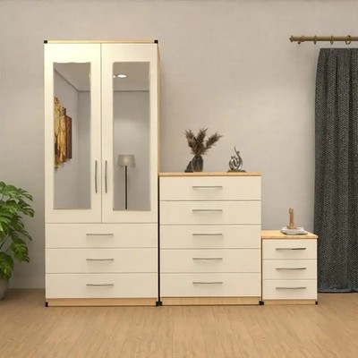 Komplett montiertes Kleiderschrankset, 2-türiger Kleiderschrank mit Kommode und Nachttisch