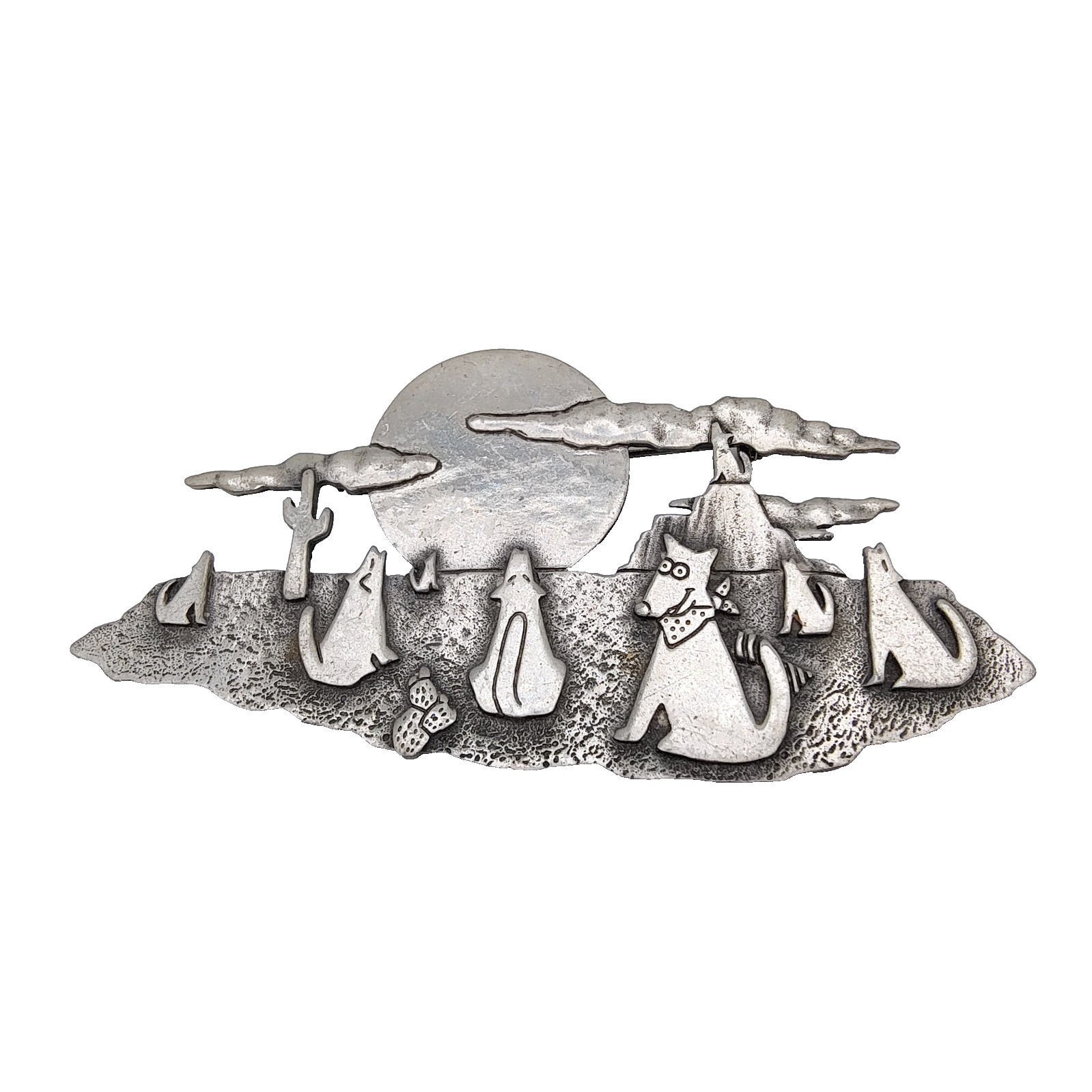Vintage JJ Jonette Coyotes Howling At Moon Brooch Pewter Whimsical Southwestern