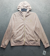 Calvin Klein Velour Hoodie Women XL Pink Gold Rhinestone Logo Long Sleeve Zip Up