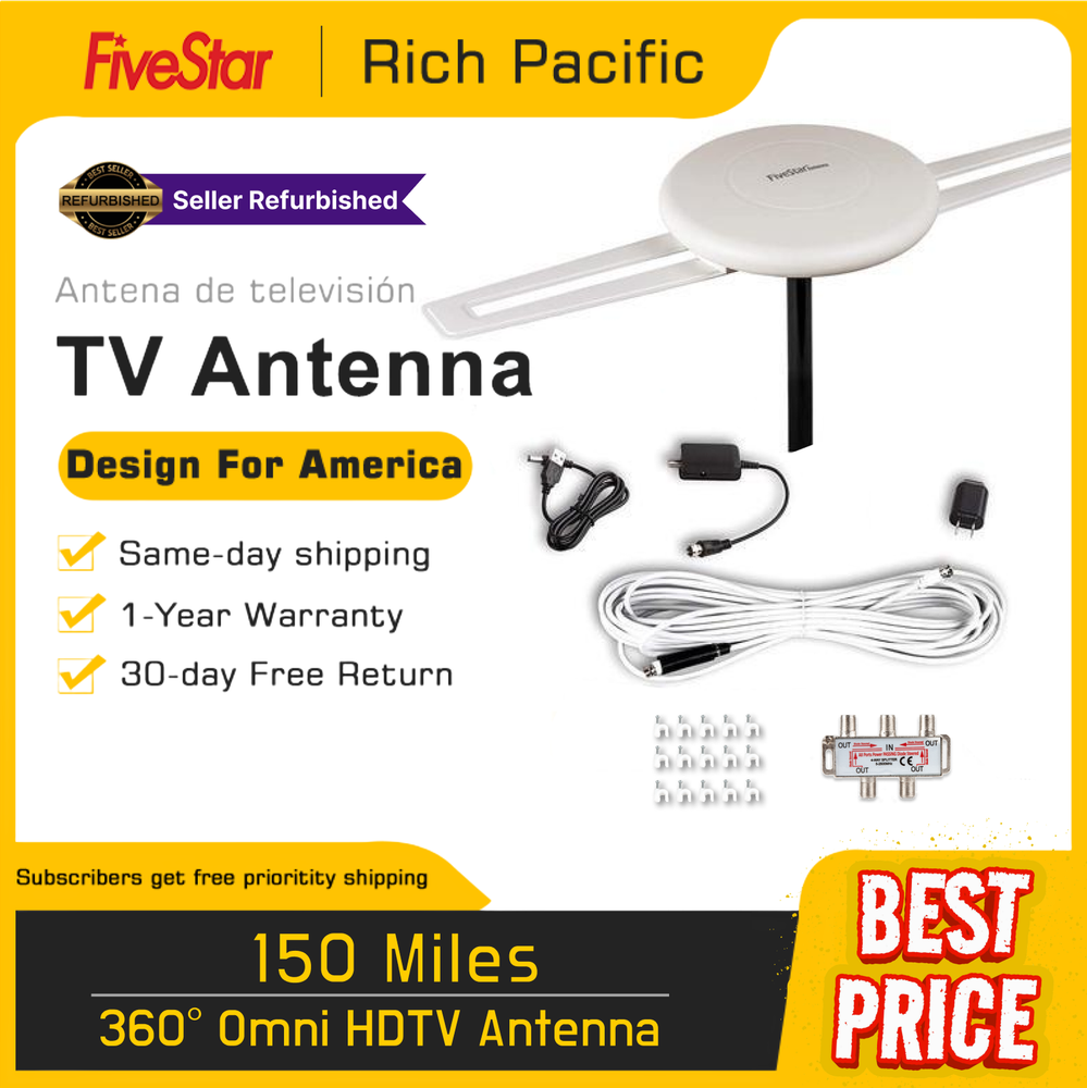 360° Reception HDTV Antenna with 150-Mile Range and 4 TV Setup Kit