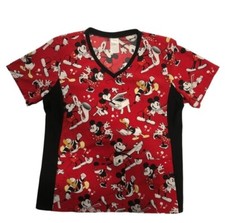 Disney Womens Mickey  Minnie Red Black Scrubs Workwear Shirt Size Medium