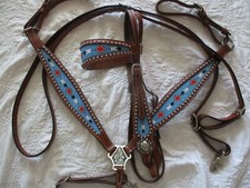 AZTEC BEADED STUDDED TACK SET W/BREAST COLLAR, BRIDLE,  LOOP REINS HORSE SIZE