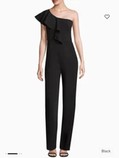 Black Halo Size 4  Kallan Ruffle Jumpsuit $415 One Sleeve Ruffle Black