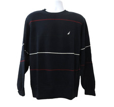 Nautica Sweater Mens Sz Large Navy Blue Striped Medium Weight Long Sleeve Cotton