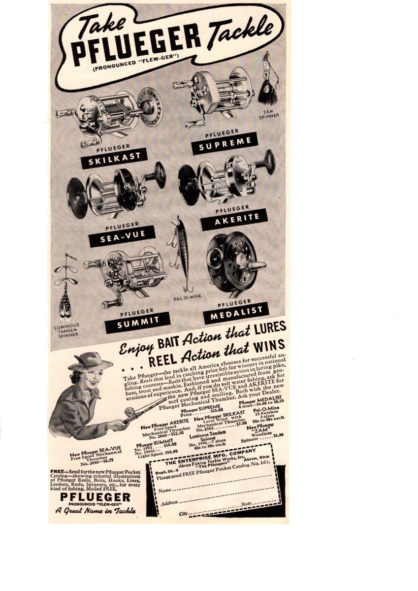 Publicité Originale 1941 – Moulinets Pflueger – Vintage Pêche – Bonne état