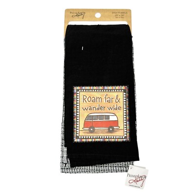 Primitives by Kathy Set of 2 Dish Towels 20 x 28 Black Roam Far Wander Wide NWT