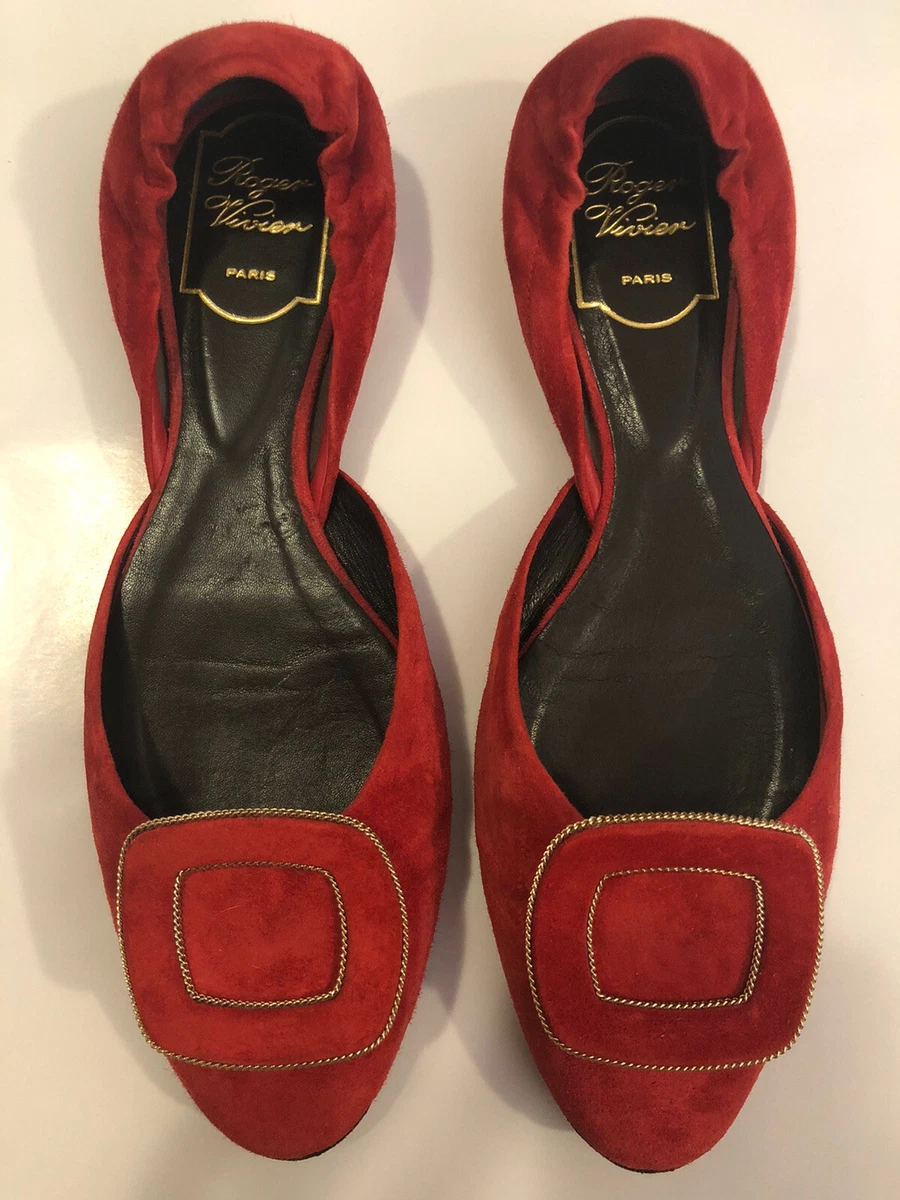 Roger Vivier Chips Ballerinas In Red Suede Leather Size 37 RRP AU